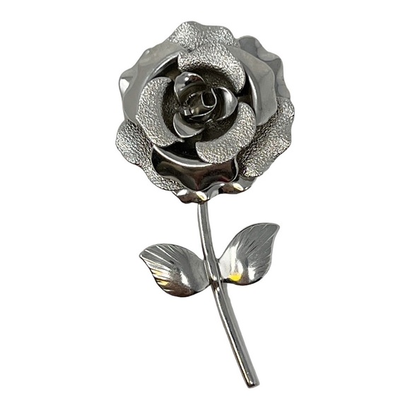 Jewelry - Vintage Silver Tone Rose Brooch, Retro Long Steam